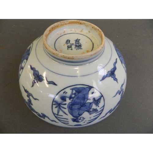 496 - A Chinese blue and white porcelain bowl with decorative panels depicting scholars, 4 character mark ... 