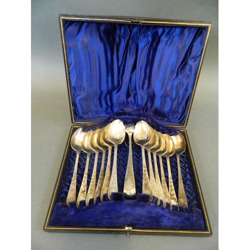 505 - A set of twelve Hallmarked silver tea spoons and sugar tongs by 'James Dixon & Sons', 1895/96, in a ... 