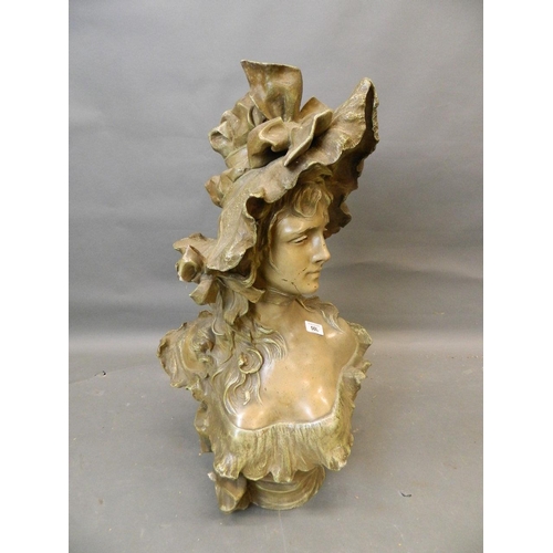 50L - A patinated bronze bust of a young woman in a hat, signed 'Ant. Ohlson...', 28