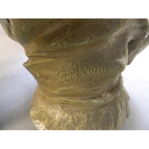 50L - A patinated bronze bust of a young woman in a hat, signed 'Ant. Ohlson...', 28