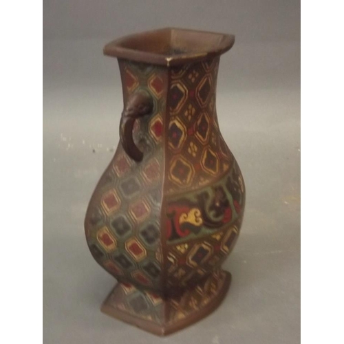 50Q - A Chinese cloisonné bronze vase with dragon mask handles, possibly late C19th/early C20th, 7