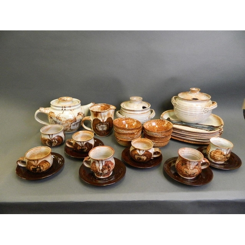 50X - A collection of 1950s studio pottery by Eileen Stevens comprising six place tea set with butterfly d... 