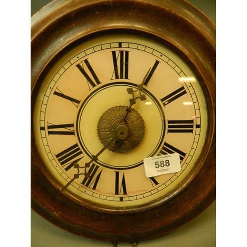 588 - A C19th postman's wall clock with enamelled dial, striking on a bell, 11