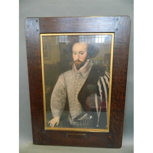 603 - An Arts & Crafts oak framed print of Sir Walter Raleigh, 14