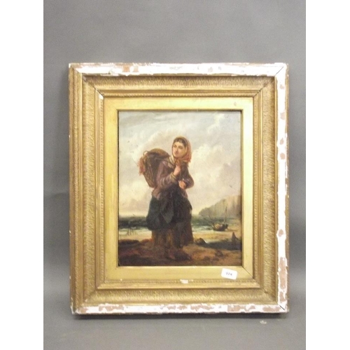 604 - G.J. Barnes, C19th oil on millboard, fisherwoman on the shore, signed, in a gilt frame, 13