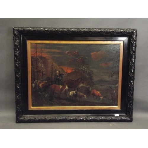 605 - A C19th Continental oil on canvas, horseman with cattle and goats in an alpine landscape, relined, 3... 