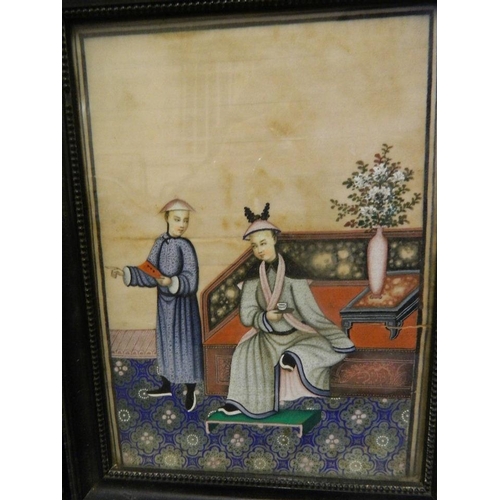 607 - A pair of C19th Chinese paintings on rice paper, figures in interior scenes, 6½