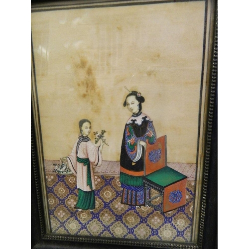 607 - A pair of C19th Chinese paintings on rice paper, figures in interior scenes, 6½