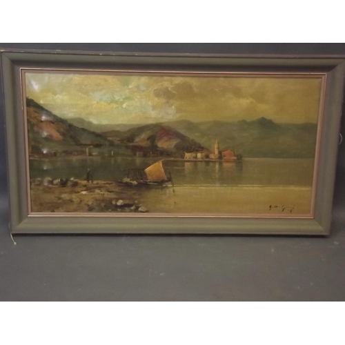 625J - G. De Giorgi, oil on canvas, lake scene with beached boat, 40