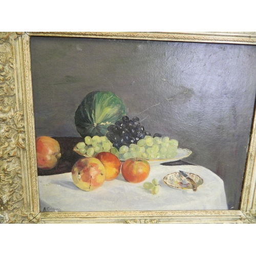 625M - A. Collins, oil on canvas, still life with fruit on a table, signed, 20