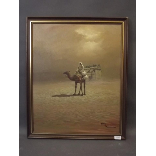 625P - An oil on canvas, Arab on a camel with distant citadel, signed 'Yany, Saudia 79', 21