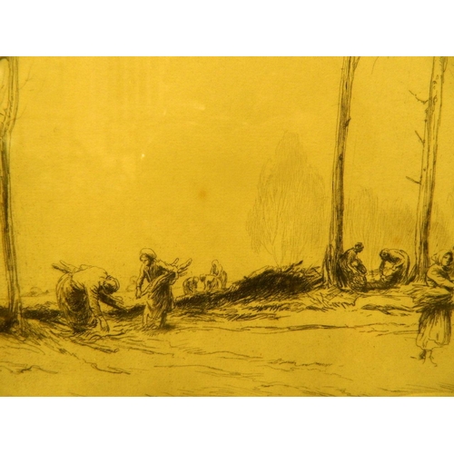 625R - A black and white etching of figures gathering firewood, signed in pencil, 10½