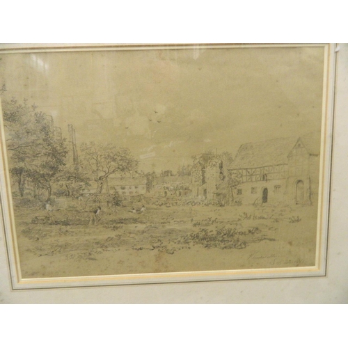 625S - A C19th pencil drawing of figures working in a castle garden, inscribed 'Kenilworth 1841', 13½