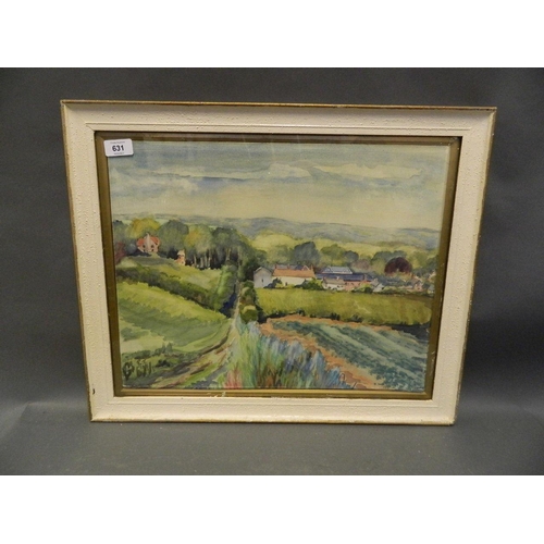 631 - A watercolour of a rural landscape with distant cottages, monogrammed 'E.T.', 18