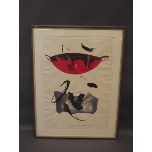 632 - An Oriental watercolour, abstract study, indistinctly signed with red seal mark, 23