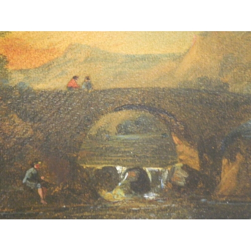 638 - A C19th oil, river scene with figures by a stone bridge, together with an unframed oil of a figure o... 