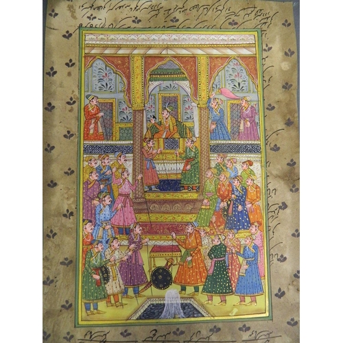 640 - Three Indo-Persian School gouache paintings, court scenes with dignitaries and attendants, unframed,... 