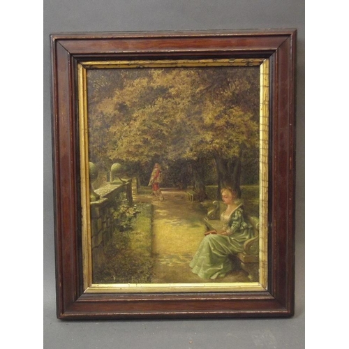 645 - An early C20th oil on canvas, lady seated on a garden bench being watched by a cavalier, signed indi... 