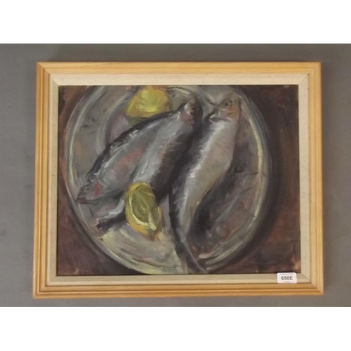 650E - D, Rosling, oil on board, still life with fish, labelled verso, unsigned, 15