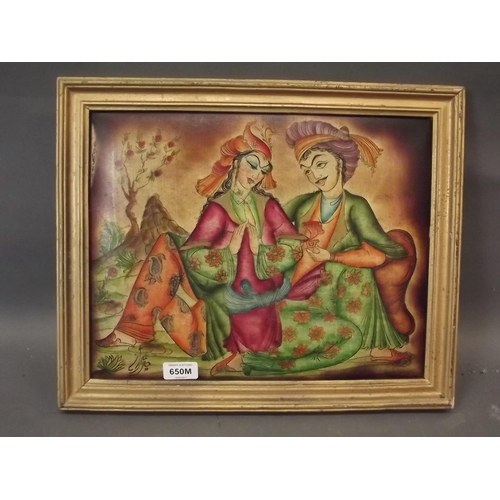 650M - An Indian painting on leather, courting couple, signed, 11