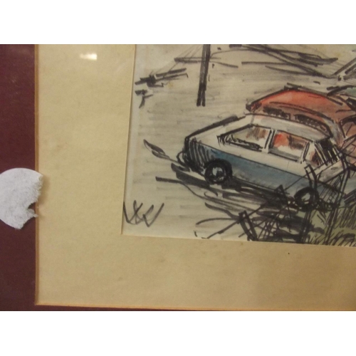 651 - An ink and watercolour drawing, industrial canal scene with parked cars, dated 1976, signed with mon... 