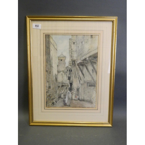 652 - George Owen Wynne Apperley, 'Fez', signed watercolour and pencil, figures in an Eastern street, 10