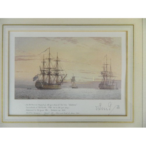 653 - Derek G.M. Gardner, pair of pencil signed colour prints, British Man-O-War at sea, 9/850, bears 'Sol... 