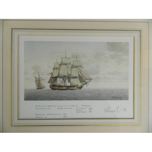 653 - Derek G.M. Gardner, pair of pencil signed colour prints, British Man-O-War at sea, 9/850, bears 'Sol... 