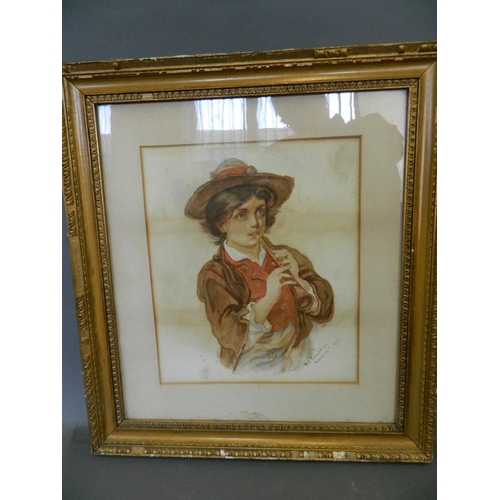 656 - A watercolour painting of a boy playing the recorder, signed 'M. Crabtree, June 16th 1900', 10