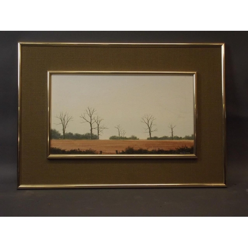 657 - Michal John Hill, oil on canvas board, rural landscape with ploughed field and trees in winter, sign... 