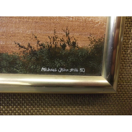 657 - Michal John Hill, oil on canvas board, rural landscape with ploughed field and trees in winter, sign... 