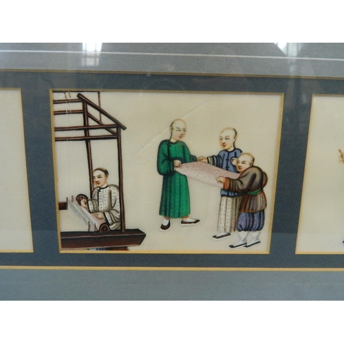 662 - A set of three late C19th/early C20th Chinese watercolours on rice paper depicting the silk making p... 