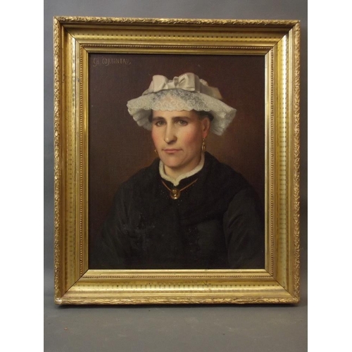 663 - C.H. Corbineau, oil on canvas, portrait of a woman in puritan dress, signed, 17