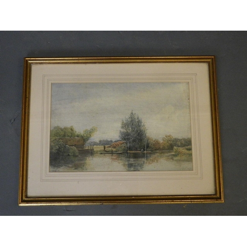 665 - R. Little, C19th watercolour, riverside landscape with fishermen in a punt, inscribed verso 'Thames ... 