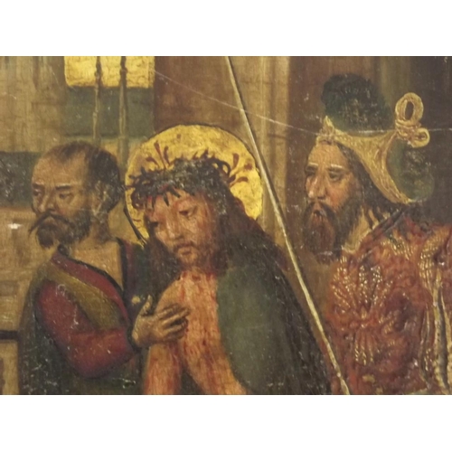 672 - A Medieval oil on oak panel, The Mocking of Christ, possibly C16th North European, 12½