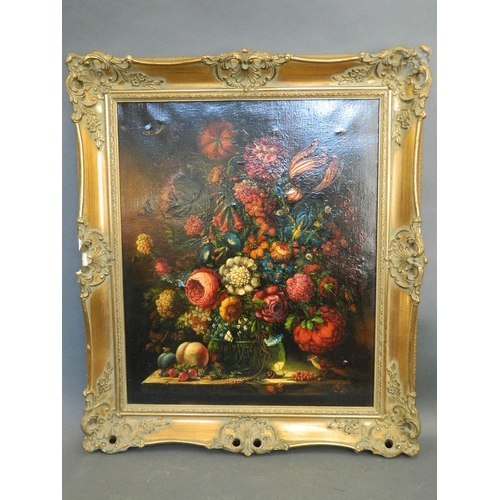 680 - A Dutch style still life oil on canvas, fruit and a vase of flowers on a table, signed indistinctly,... 