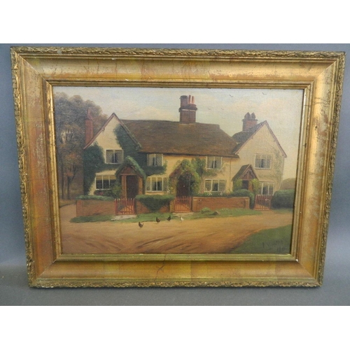 681 - An oil on canvas, farmhouse with chickens in the lane, signed indistinctly and dated 1911, 14