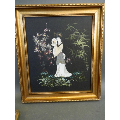 686 - A mixed media painting of a Japanese girl standing in a garden of flowers and bamboo, 10½