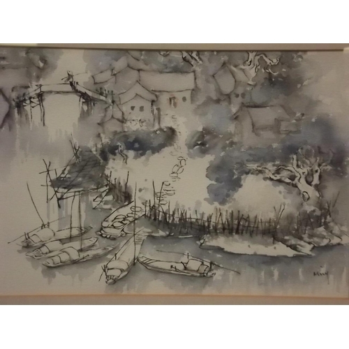 696 - A set of four pen and wash studies, Oriental landscapes, signed Ming, 8