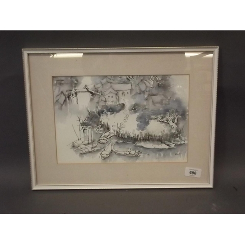 696 - A set of four pen and wash studies, Oriental landscapes, signed Ming, 8