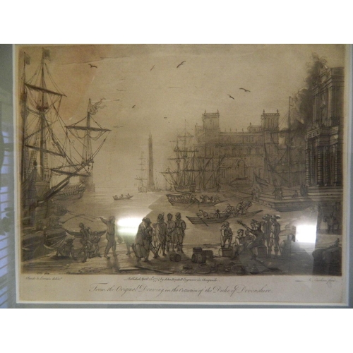 699 - Four C18th sepia engravings, three of rural scenes, and one of a busy harbour, after the original dr... 