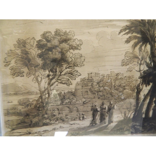 699 - Four C18th sepia engravings, three of rural scenes, and one of a busy harbour, after the original dr... 