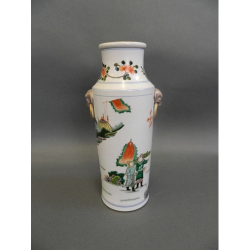 70 - A Chinese famille verte porcelain cylinder vase with enamelled decoration of warriors in training, w... 