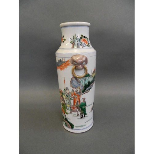 70 - A Chinese famille verte porcelain cylinder vase with enamelled decoration of warriors in training, w... 