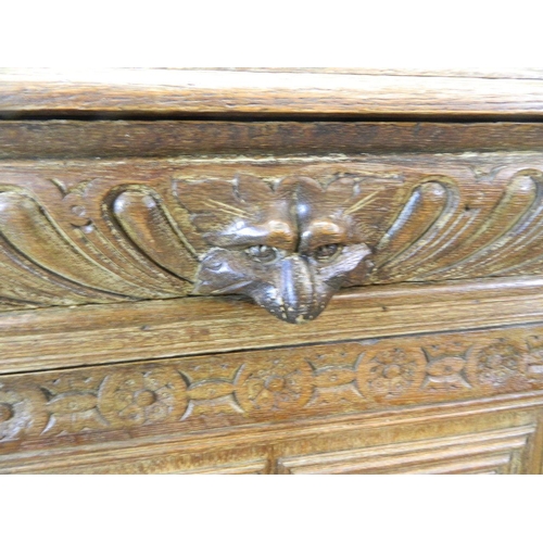 707 - A C19th French/Flemish carved oak cupboard with single drawer over cupboard, with lion mask decorati... 