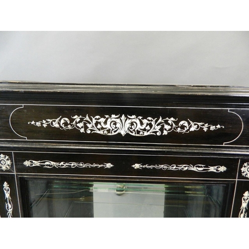 712 - A pair of C19th ebonised pier cabinets with brass mounts and bone inlaid decoration with penwork det... 