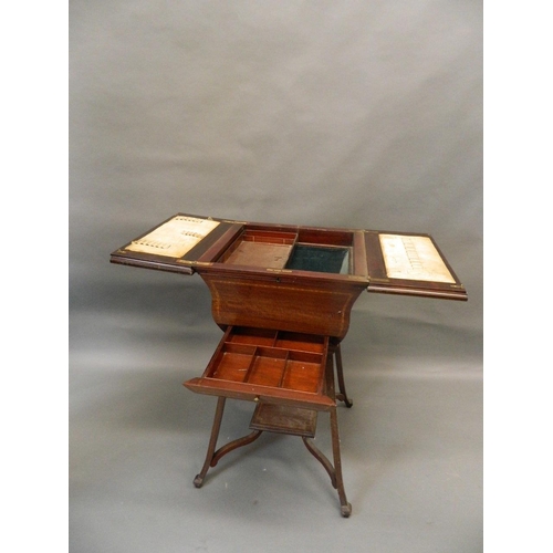 726 - An Edwardian inlaid mahogany work box with single drawer and top flaps opening to reveal a slide and... 