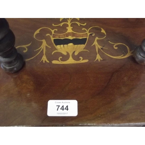 744 - A Victorian four tier inlaid walnut whatnot on carved and turned supports, 27