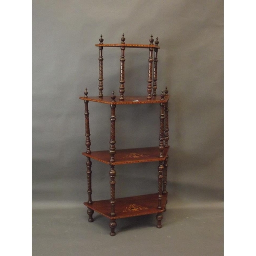 744 - A Victorian four tier inlaid walnut whatnot on carved and turned supports, 27