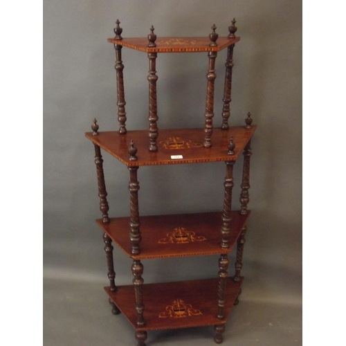 744 - A Victorian four tier inlaid walnut whatnot on carved and turned supports, 27